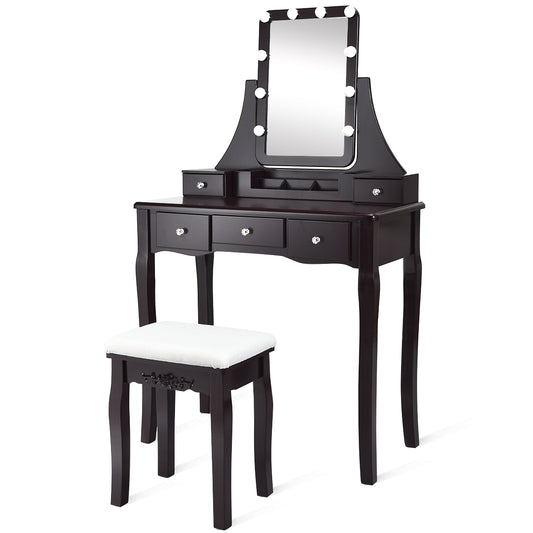 Topbuy LED Vanity Table Makeup Dresser Desk w/ Drawers & Cushioned Stool Brown