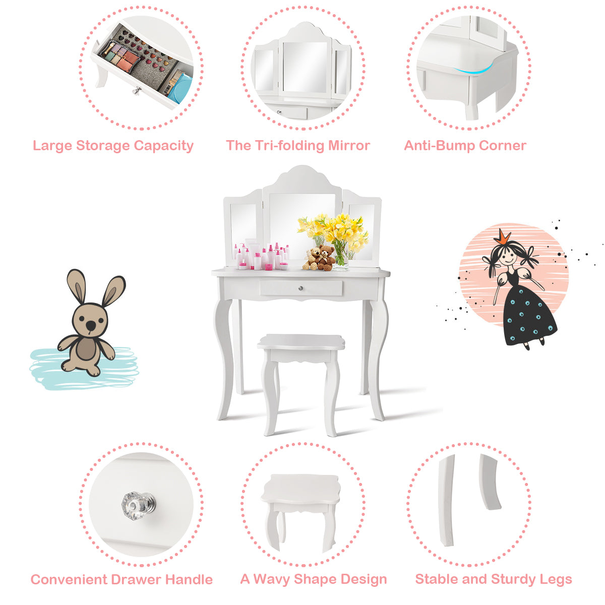 Topbuy Wooden Vanity Table with Triple Folding Mirror & Stool for Kids