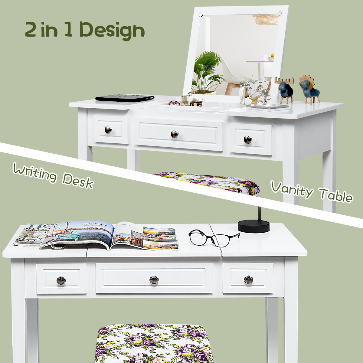 Topbuy Makeup Table Set w/Cushioned Stool for Girl Women Vanity Dressing Table Set White