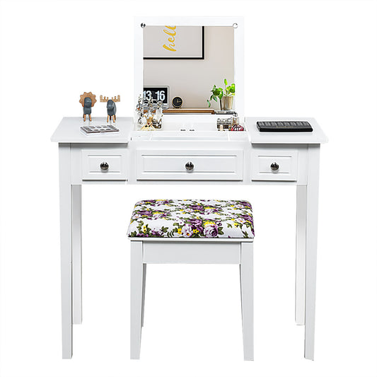 Topbuy Makeup Table Set w/Cushioned Stool for Girl Women Vanity Dressing Table Set White