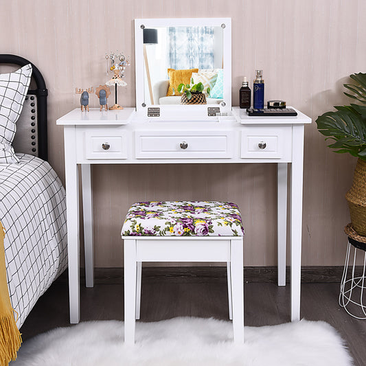 Topbuy Makeup Table Set w/Cushioned Stool for Girl Women Vanity Dressing Table Set White