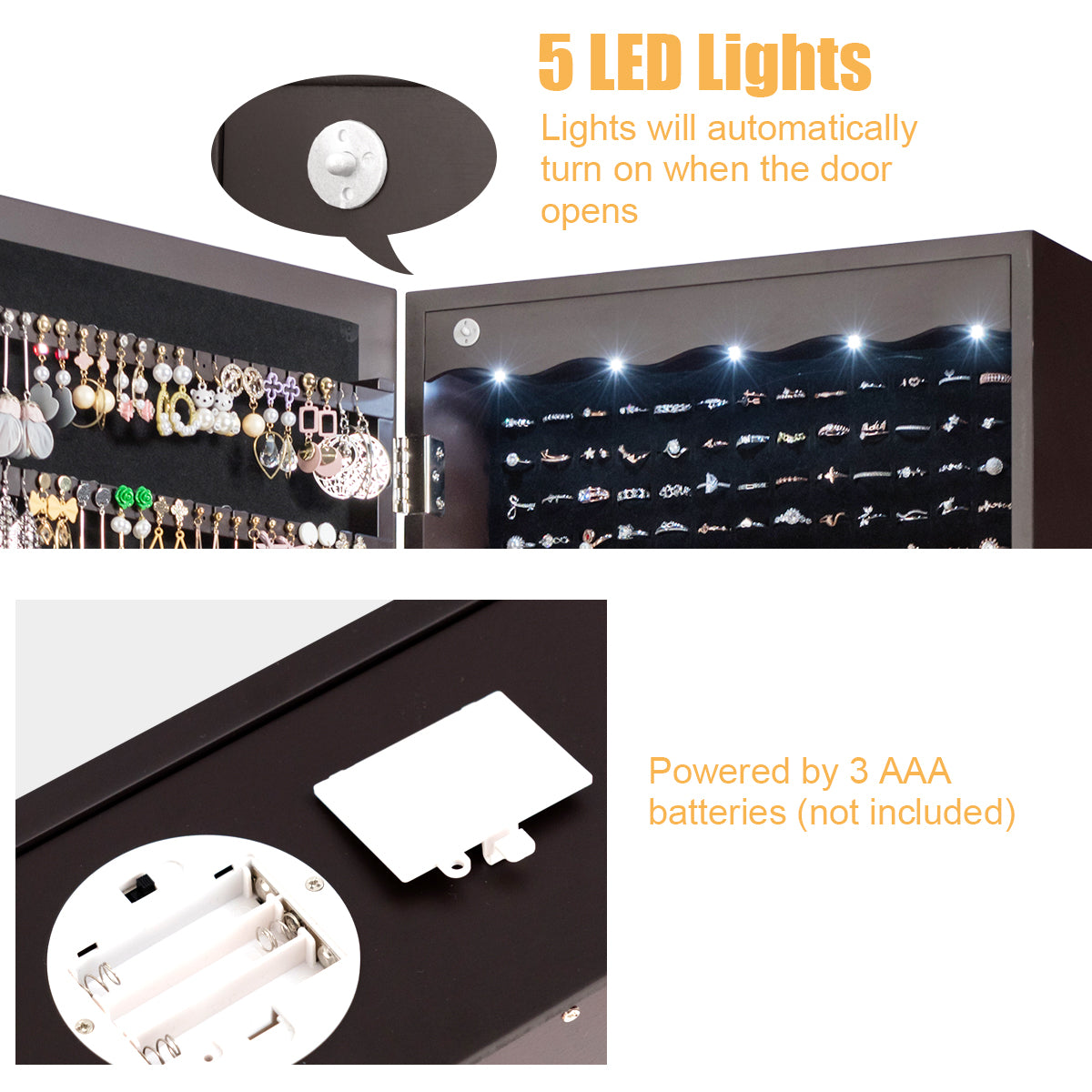 Topbuy Lockable Wall Mounted Jewelry Armoire w/Mirror & LED Lights