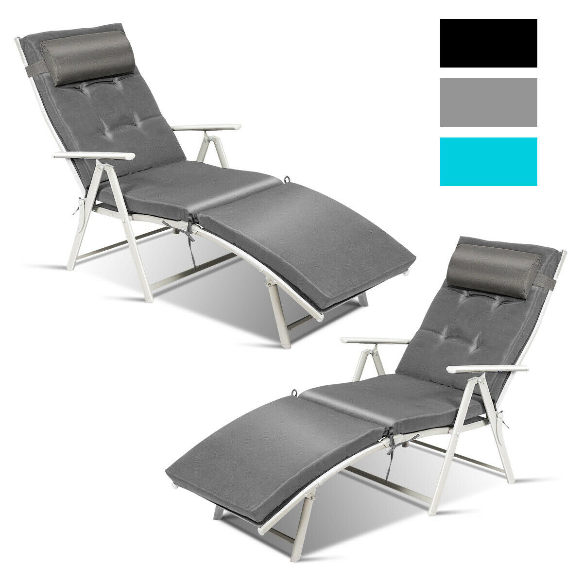 Topbuy 2PCS Cushioned Folding Chaise Lounge Chair Adjustable Recliner Gray