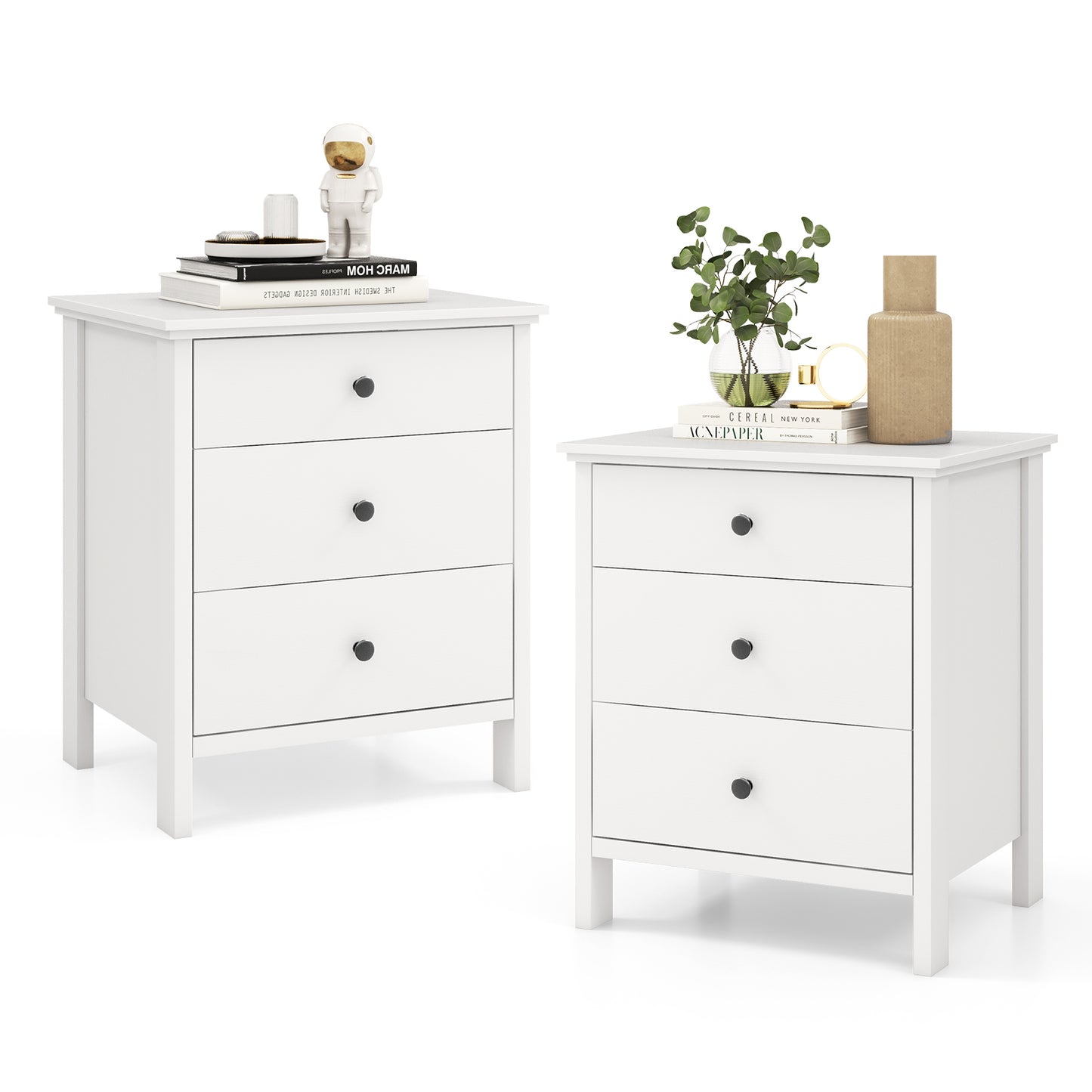 Topbuy 2-Piece 3 Drawers Modern Nightstand Bedside Table Wooden End Table White