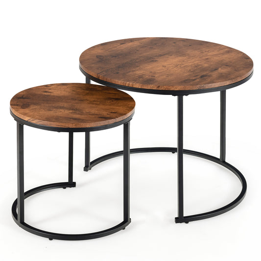Topbuy 2PCS Stacking Metal Legs Modern Side Round Nesting Coffee Table w/ Wooden Tabletop for Living room Rustic Brown