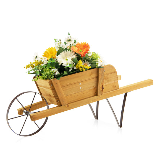 Topbuy Flower Pot Wheelbarrow Planter Solid Pine Wood Wagon Planter w/ Triangular Metal Support 2 Energy-saving Handles Movable Whee