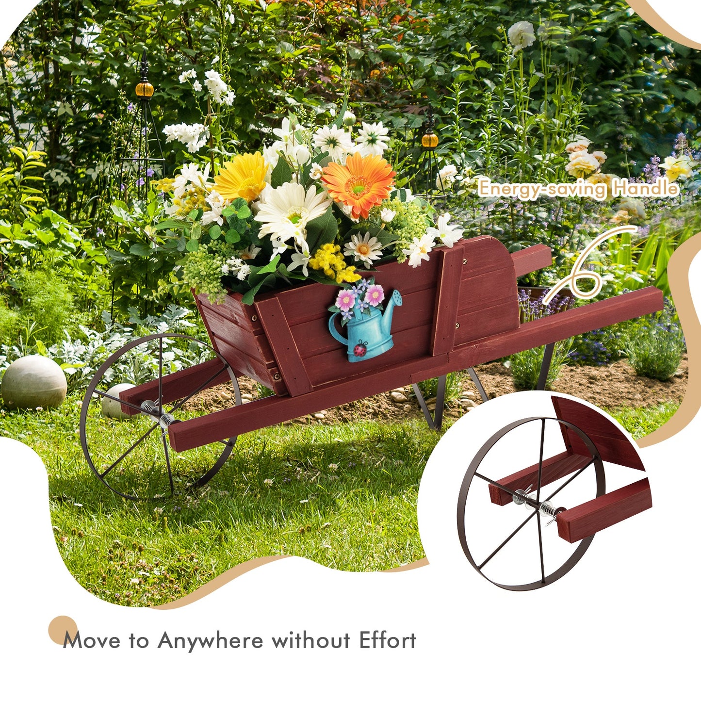 Topbuy Flower Pot Wheelbarrow Planter Solid Pine Wood Wagon Planter w/ Triangular Metal Support 2 Energy-saving Handles Movable Whee