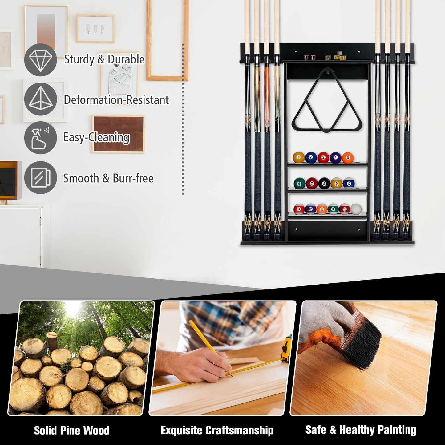 Topbuy Wall-Mounted Billiard Pool Cue Rack Pool Sticker Holder for Storing Cues & Pool Table Equipment Accessories