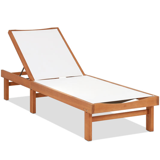 Topbuy Outdoor Chaise Lounge Chair, Eucalyptus Wood Recliner w/ 5-Level Backrest, Breathable & Quick Drying Seat Fabric