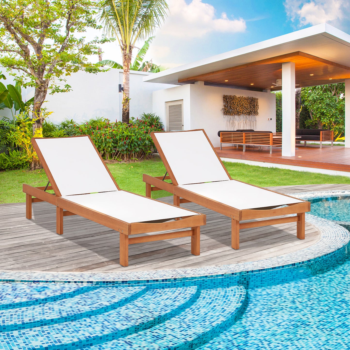 Topbuy Outdoor Chaise Lounge Chair, Eucalyptus Wood Recliner w/ 5-Level Backrest, Breathable & Quick Drying Seat Fabric