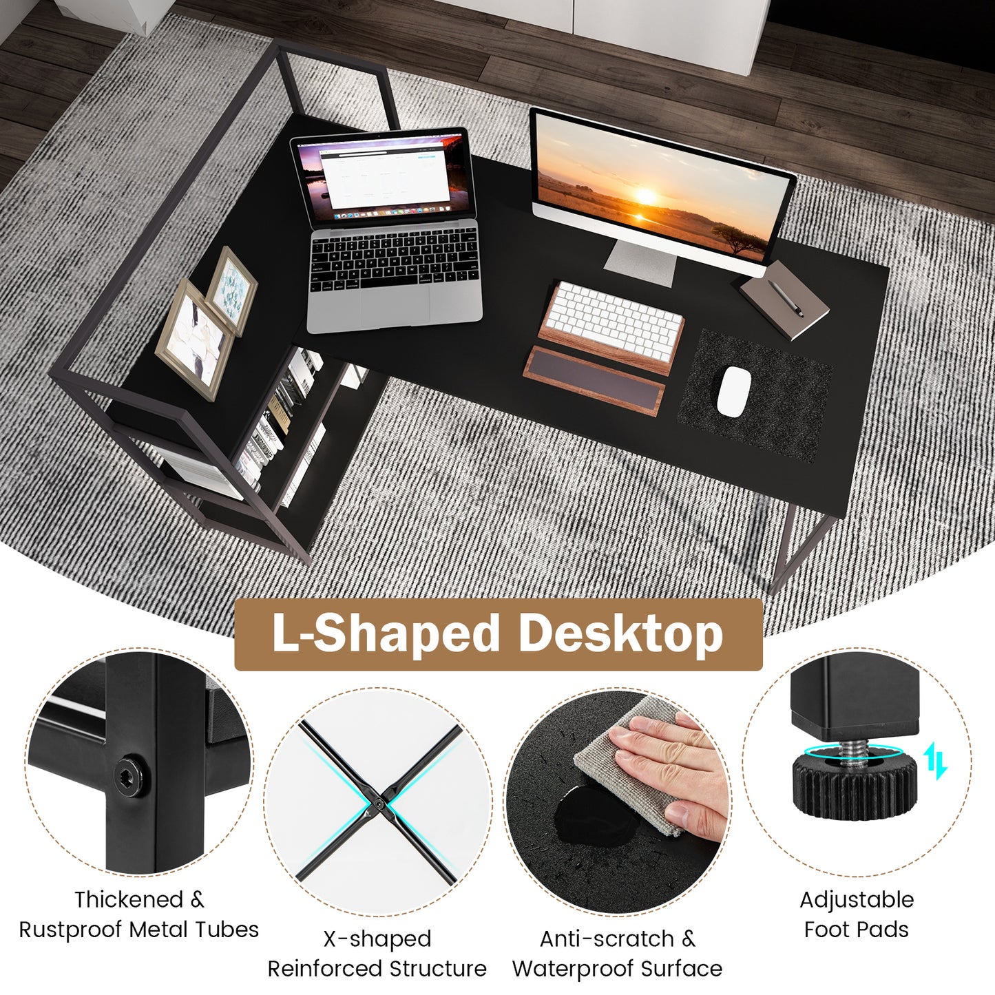 Patiojoy L-Shaped Computer Desk Large Reversible Corner Desk with Open Storage Shelves PC Laptop Gaming Desk