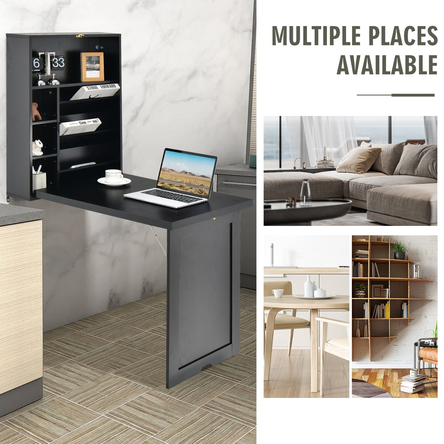 Topbuy Folding Wall-Mounted Desk Convertible Computer Desk Floating Desk Storage Bookcases Adjustable Shelves Black