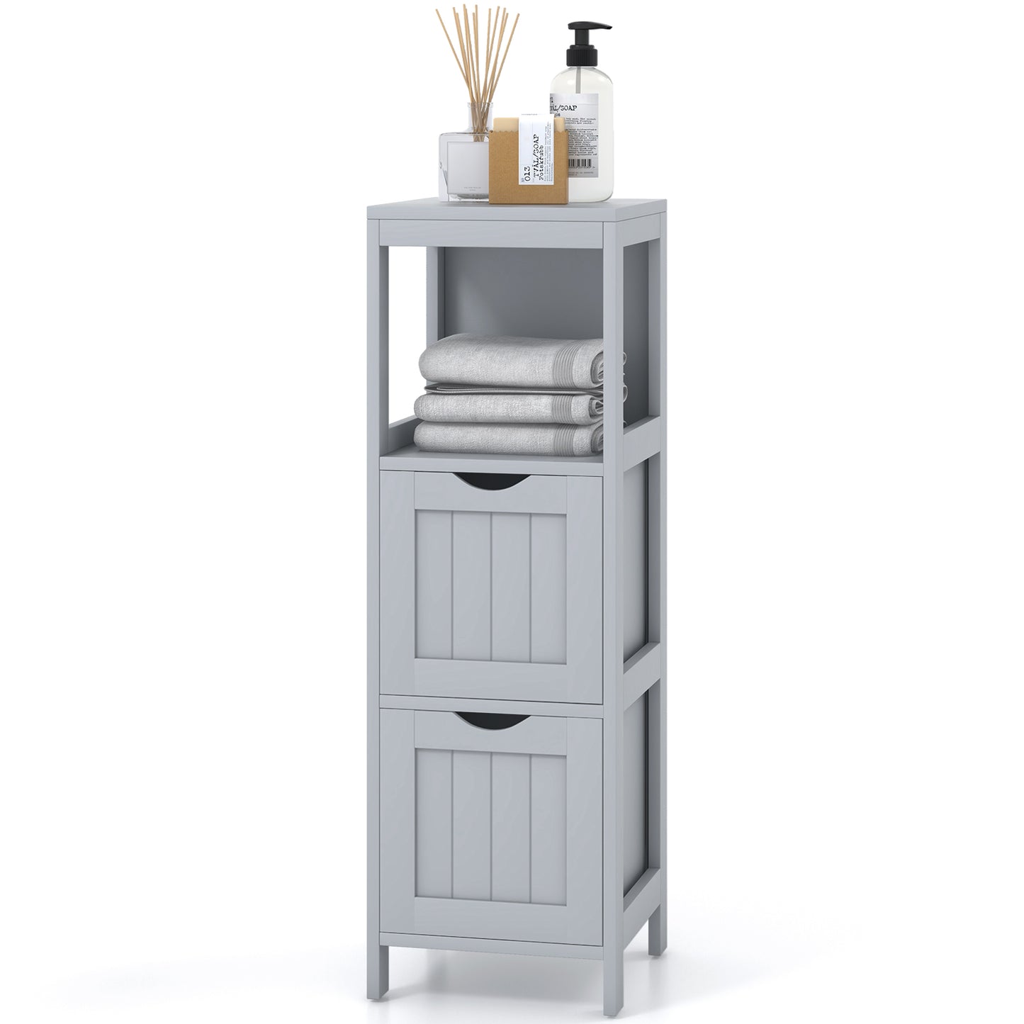 Topbuy Bathroom Floor Cabinet Freestanding Wooden Storage Cabinet w/ 2 Removable Drawers Open Shelf Side Narrow Storage Organizer Gray
