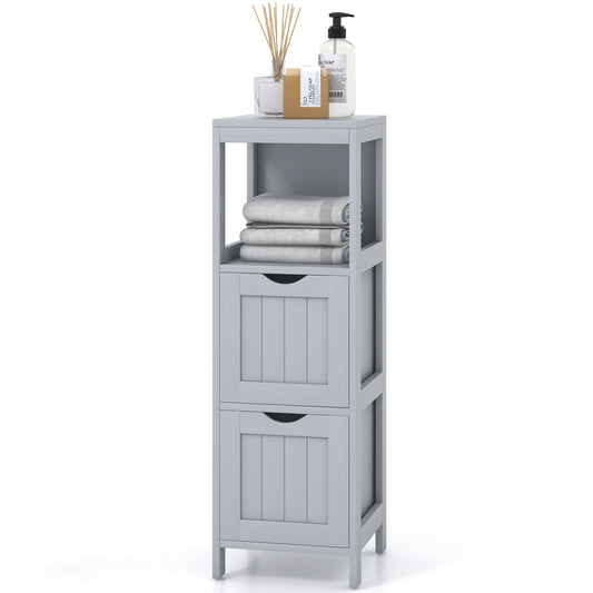 Topbuy Bathroom Floor Cabinet Freestanding Wooden Storage Cabinet w/ 2 Removable Drawers Open Shelf Side Narrow Storage Organizer Gray