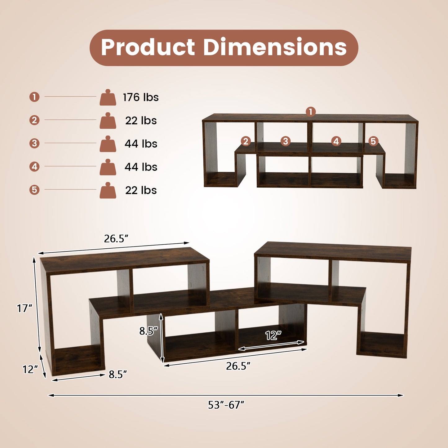 Topbuy 3 PCS Adjustable TV Stand Minimalist Entertainment Center for 43 55 60 65 Inch TV Media Console Table Rustic Brown