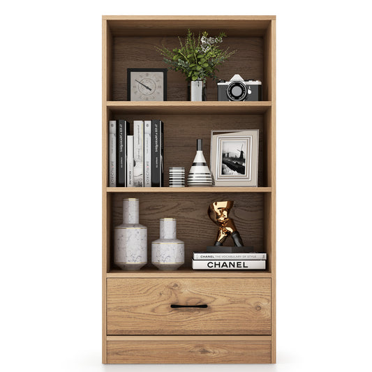 Topbuy 4-Tier Bookcase withStorage Drawer Modern Storage Shelf with 3-Tier Open Shelf Freestanding Display Shelf Natural