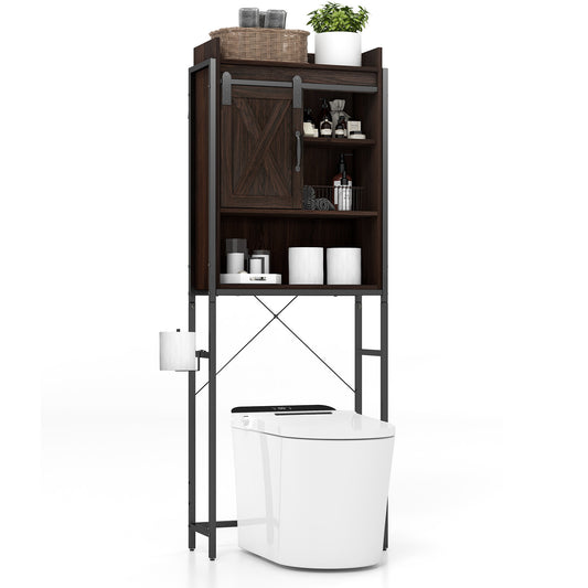 Topbuy Over The Toilet Storage Cabinet 4-Tier Bathroom Organizer w/ Adjustable Shelves Sliding Barn Door & Toilet Paper Holder Espresso