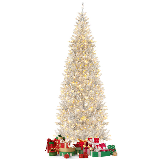 Topbuy 7 FT Pre-lit Artificial Christmas Tree Hinged Xmas Pencil Tree with 1030 Branch Tips 400 Warm White LED Lights
