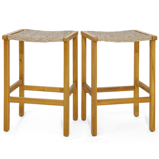 Topbuy Set of 2/4 Outdoor Wood Bar Stools 30'' Bar Height Acacia Wood Stools with PE Rattan Saddle Seat Outdoor Wicker Bar Chairs