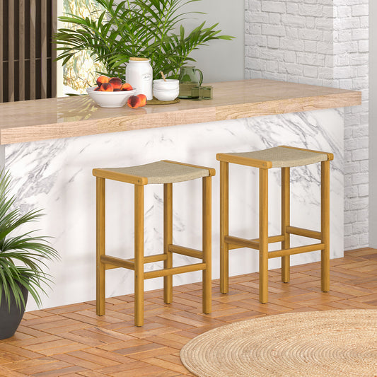 Topbuy Set of 2/4 Outdoor Wood Bar Stools 30'' Bar Height Acacia Wood Stools with PE Rattan Saddle Seat Outdoor Wicker Bar Chairs