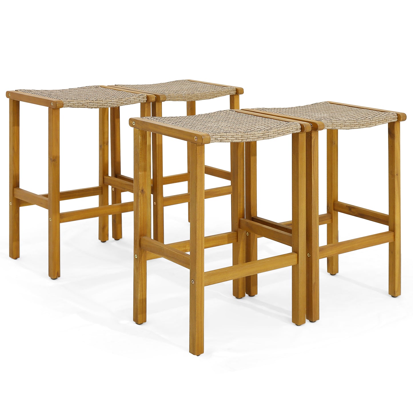 Topbuy Set of 2/4 Outdoor Wood Bar Stools 30'' Bar Height Acacia Wood Stools with PE Rattan Saddle Seat Outdoor Wicker Bar Chairs