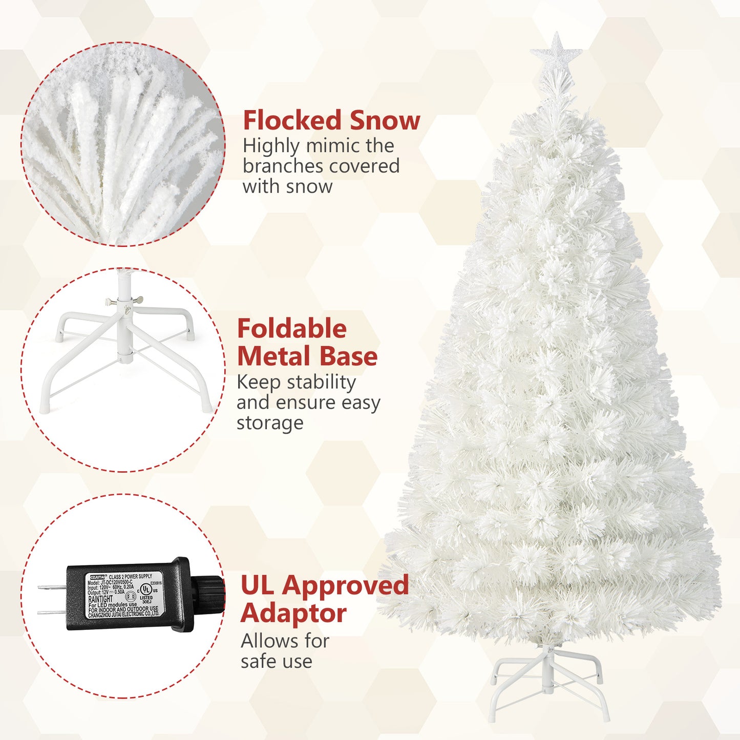 Topbuy 5/6/7FT Pre-lit Fiber Optic Christmas Tree White Snow-Flocked Artificial Xmas Tree with 170/220/270 Branch Tips
