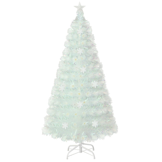 Topbuy 5FT Artificial Fiber Optic Christmas Tree White Pre-lit Xmas Tree w/ Iridescent Leaves 24 Multi-color Snowflake Lights