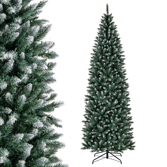 Topbuy 9FT Artificial Pre-lit Christmas Tree Pencil Xmas Tree with 1298 Snowy Branch Tips & 500 LED Lights