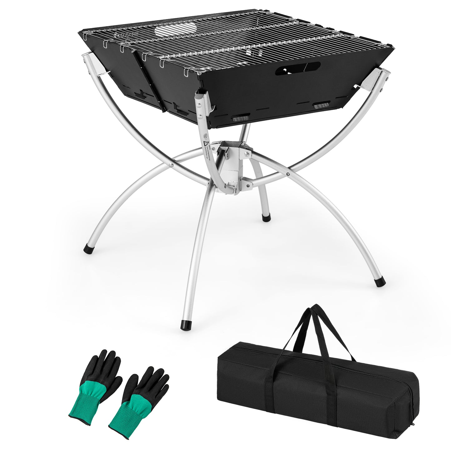 Topbuy Camping Fire Pit with Cooking Grills Lightweight Portable Campfire Grill with Carrying Bag & Gloves 3-In-1 Stainless Steel Wood Burning Silver