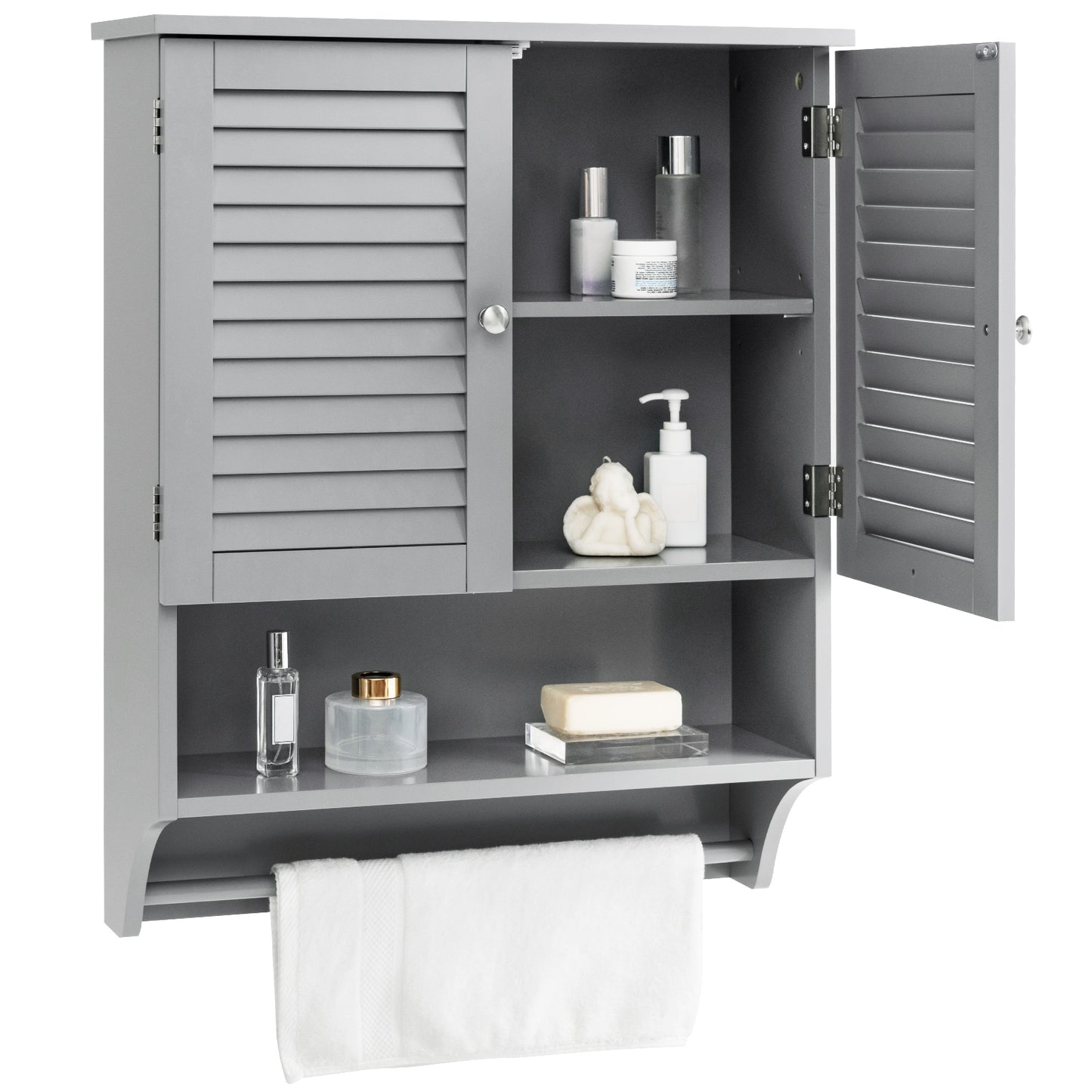 Topbuy Wall Mounted Bathroom Cabinet with Open Shelf & Towel Bar Medicine Cabinet with Double Louvered Doors Grey