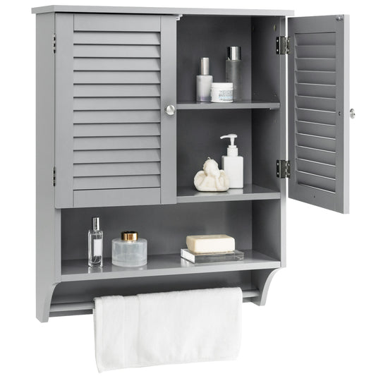 Topbuy Wall Mounted Bathroom Cabinet with Open Shelf & Towel Bar Medicine Cabinet with Double Louvered Doors Grey