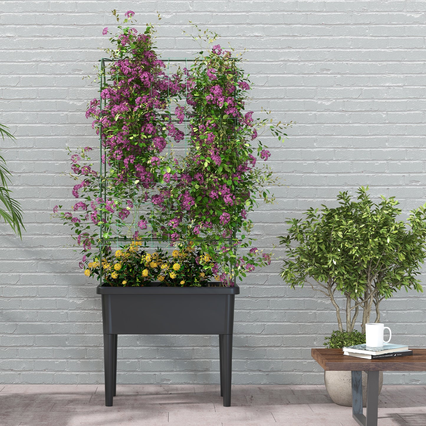 Topbuy Raised Garden Bed with Trellis Self-Watering Planter Bed with Water Level Observer Drainage Holes Climbing Net & Detachable Legs