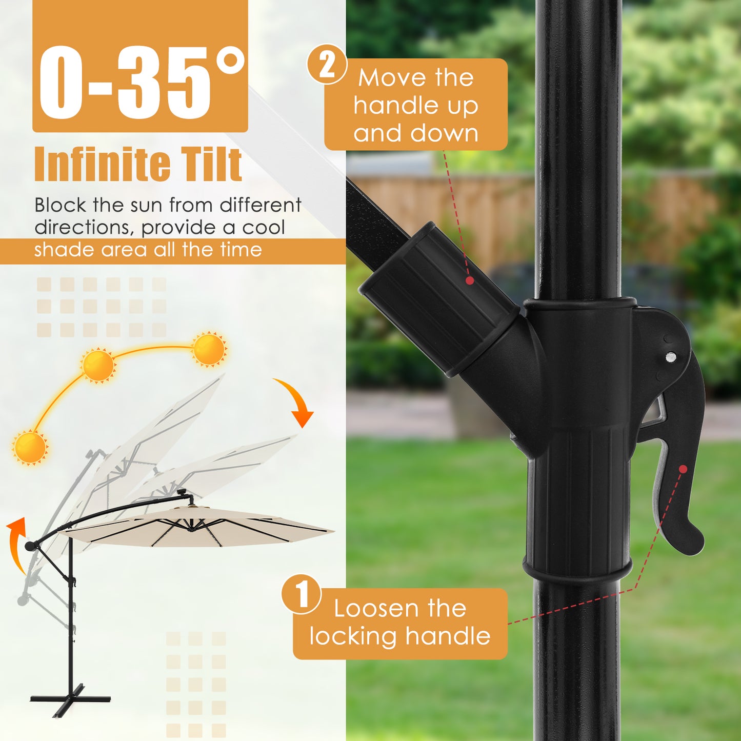 Topbuy 10 FT Solar Offset Hanging Umbrella w/ 40 Lamp Beads Solar Panel Easy Tilt Adjustment Lighted Patio Cantilever Umbrella Beige