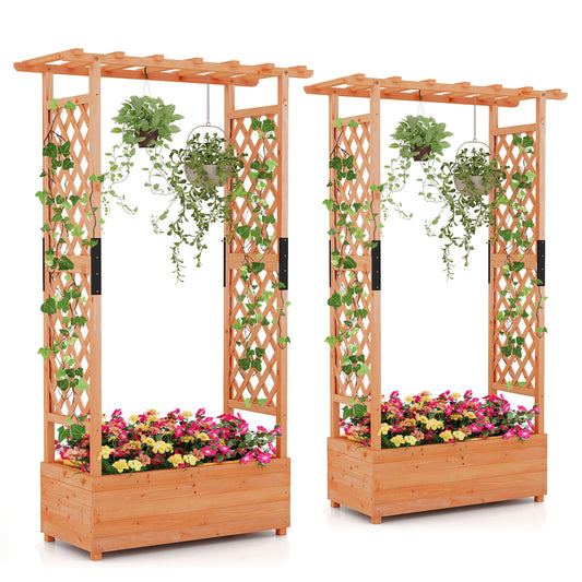 Topbuy 2pcs Raised Garden Bed with Trellis, Wood Elevated Garden Bed with Hanging Roof Planter Box Outdoor Planting Bed for Garden Patio Yard