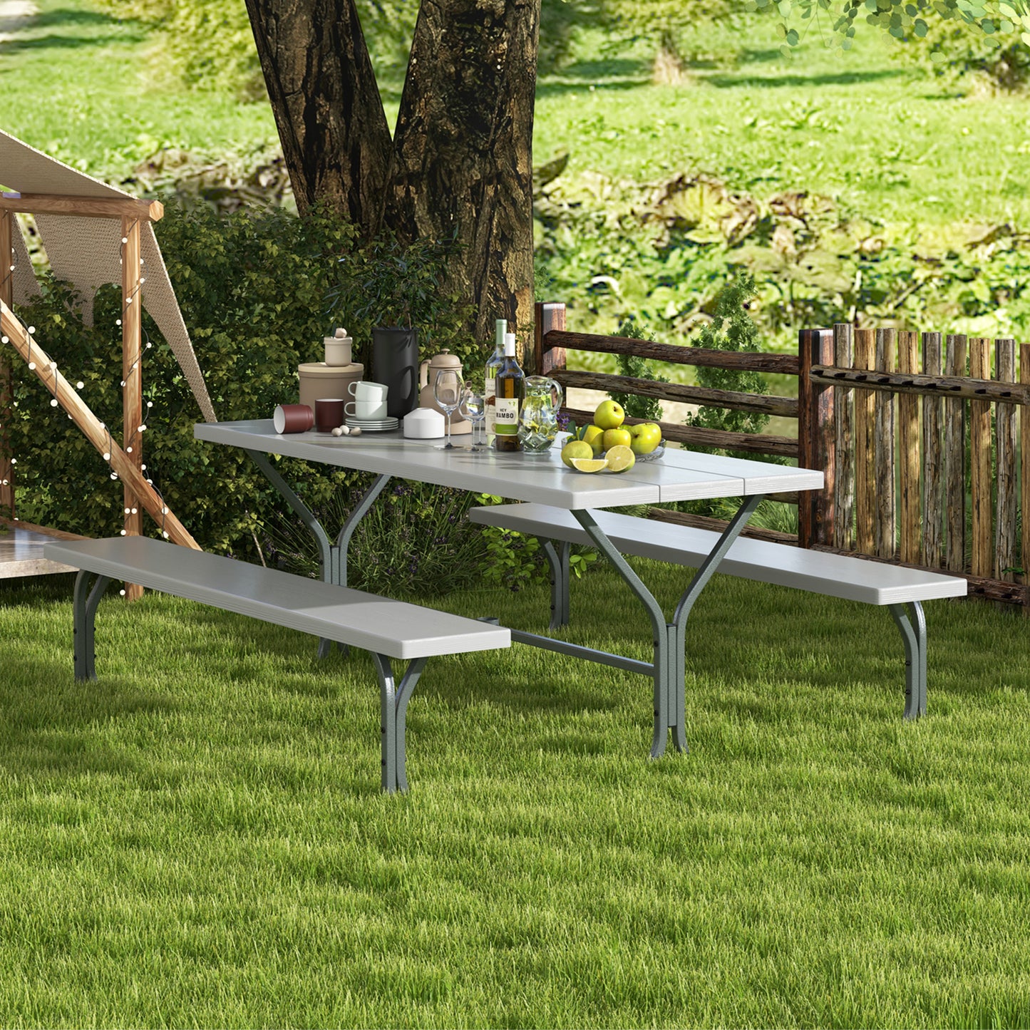 Topbuy Picnic Table Bench Set for 8 Person Outdoor Camping Table & 2 Benches with Metal Frame All-Weather Tabletop Grey