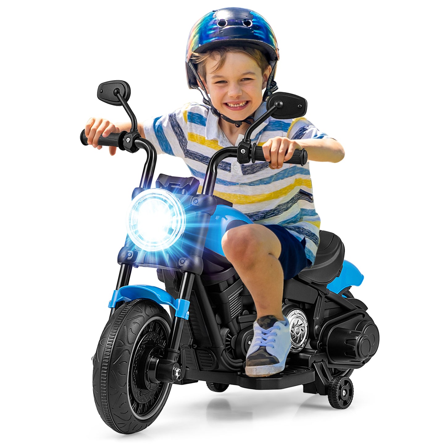 Topbuy 6V Kids Ride On Motorcycle with Training Wheels Electric Battery Powered Off-Road Motorbike with Headlight & Music Blue