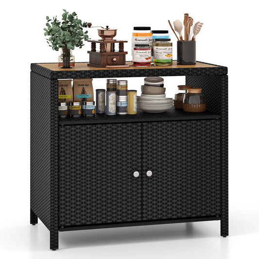 Topbuy Outdoor Rattan Storage Cabinet Patio Sideboard Buffet Cabinet with Acacia Wood Countertop Black/Brown/Grey