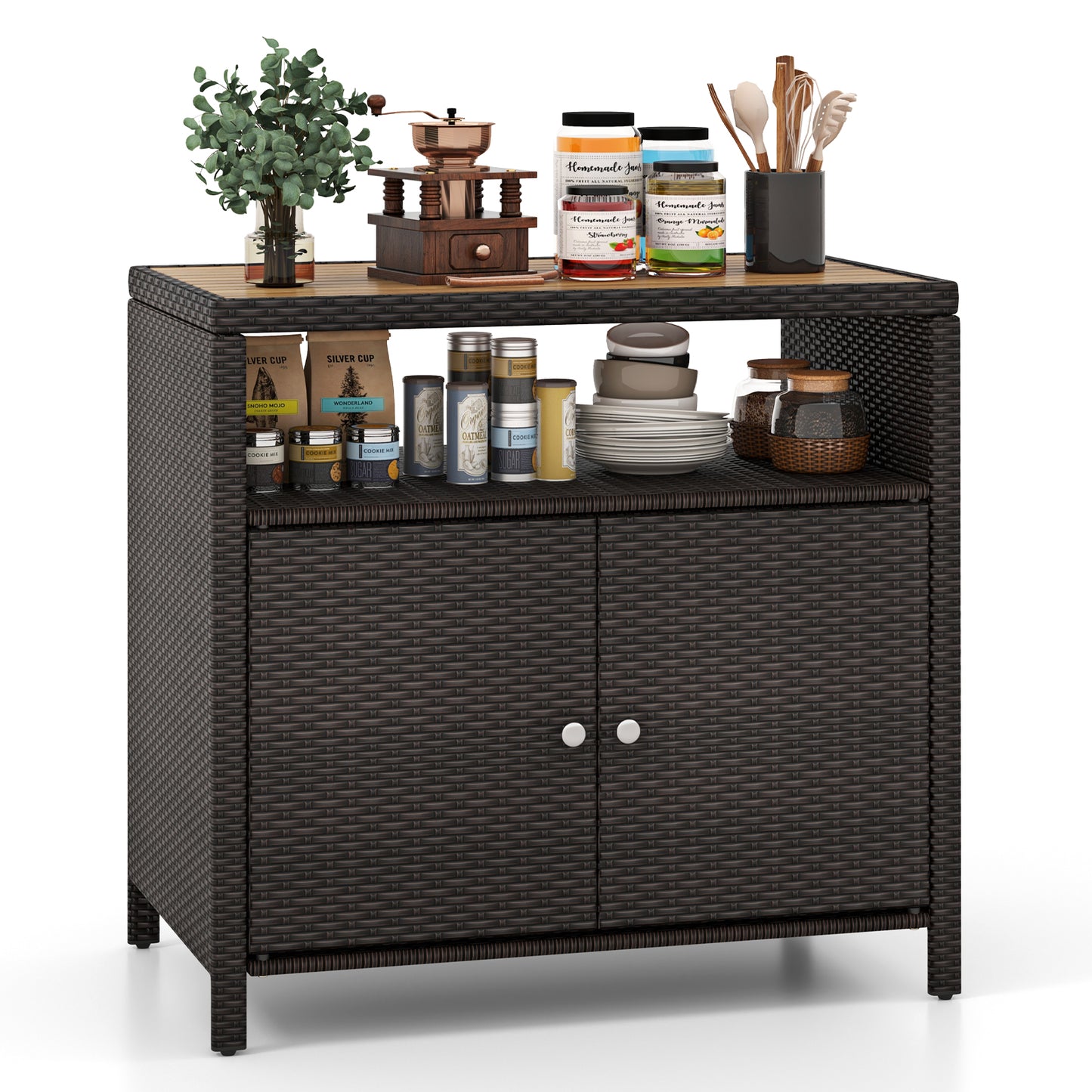 Topbuy Outdoor Rattan Storage Cabinet Patio Sideboard Buffet Cabinet with Acacia Wood Countertop Black/Brown/Grey