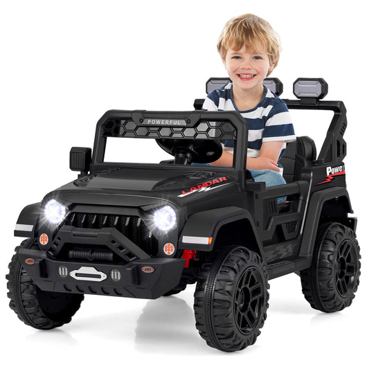 Topbuy 12V Kids Ride on Truck Electric Toy Car with Remote Control Wireless Connection USB Port Battery Display Treaded Wheels Soft Start 3 Speed & Spring Suspension Black