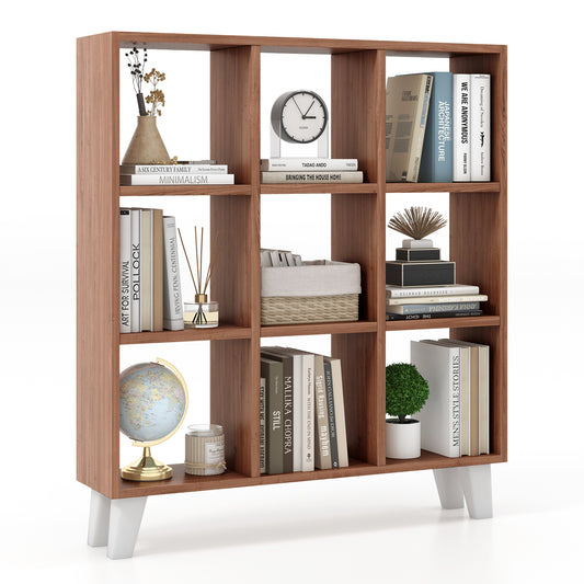 Topbuy 9-Cube Open Bookcase 3-Tier Floor Standing Bookshelf with 4 Slanted Legs 6 Removable Shelves Brown/White