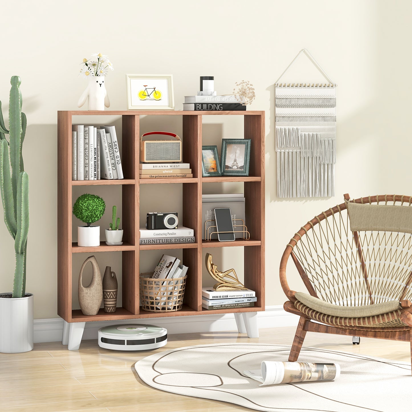 Topbuy 9-Cube Open Bookcase 3-Tier Floor Standing Bookshelf with 4 Slanted Legs 6 Removable Shelves Brown/White