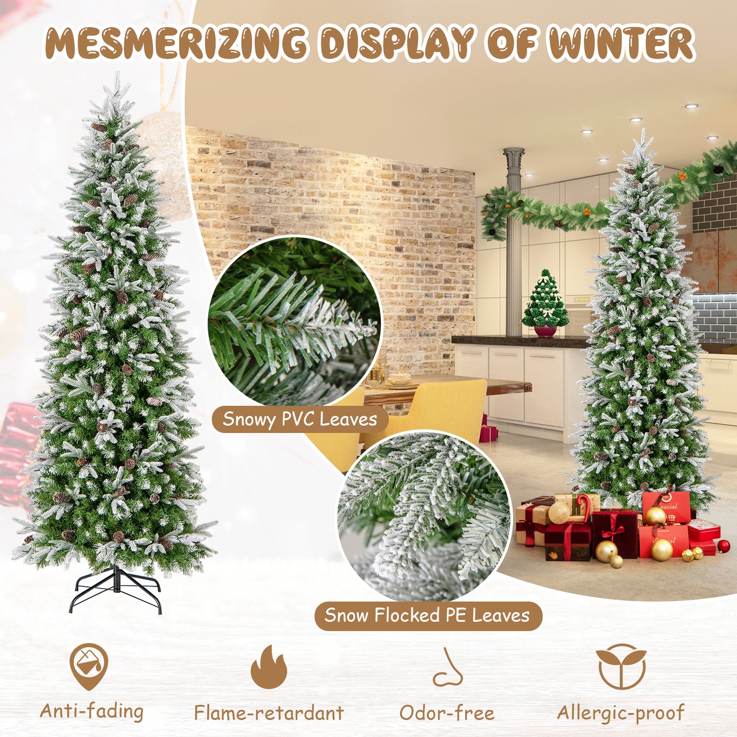 Topbuy 6/7.5/9 FT Snow Flocked Artificial Christmas Tree, Hinged Pre-lit Xmas Tree with 671/913/1310 Branch Tips, 280/350/470 LED Lights, 60/75/98 Natural Pine Cones, Snowy Leaves, Pencil Seasonal Decoration Tree