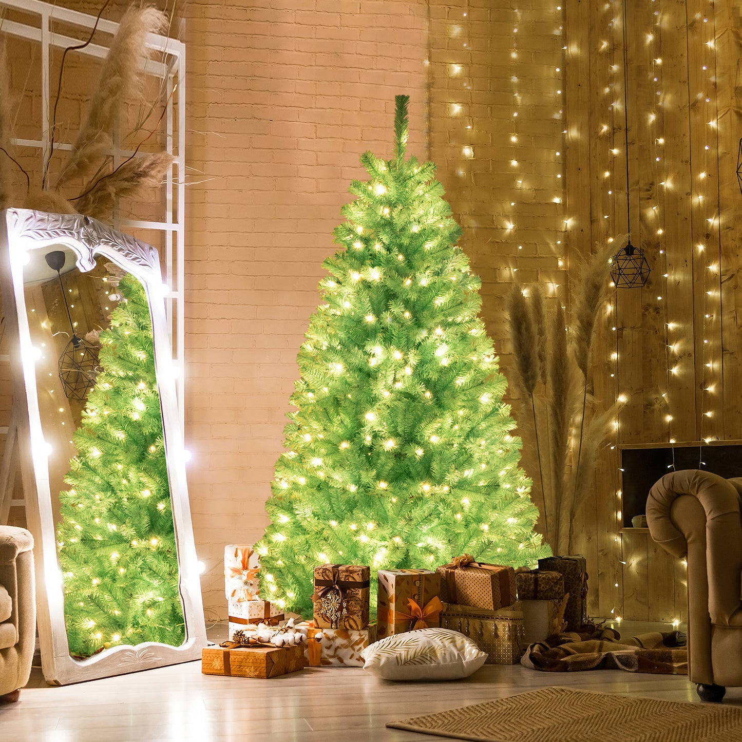 Topbuy 7/6 FT Artificial Christmas Tree Pre-lit Hinged Xmas Tree w/ 1040/758 Blue Branch Tips 380/280 Warm White LED Lights