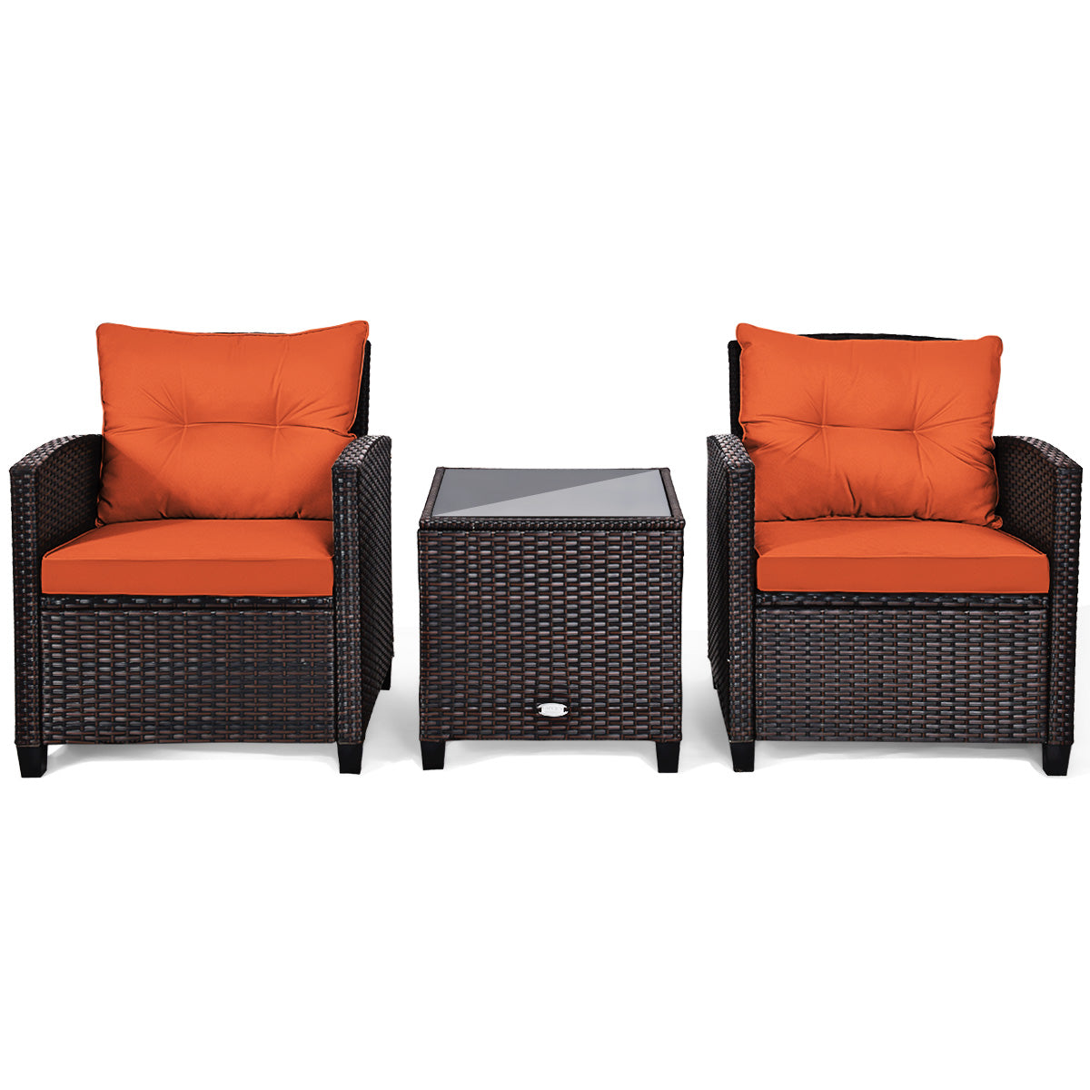 Patiojoy 3PCS Wicker Cushioned Conversation Set Outdoor Rattan Furniture w/Beige/Red/Black/Navy/Off White/Turquoise Cushions