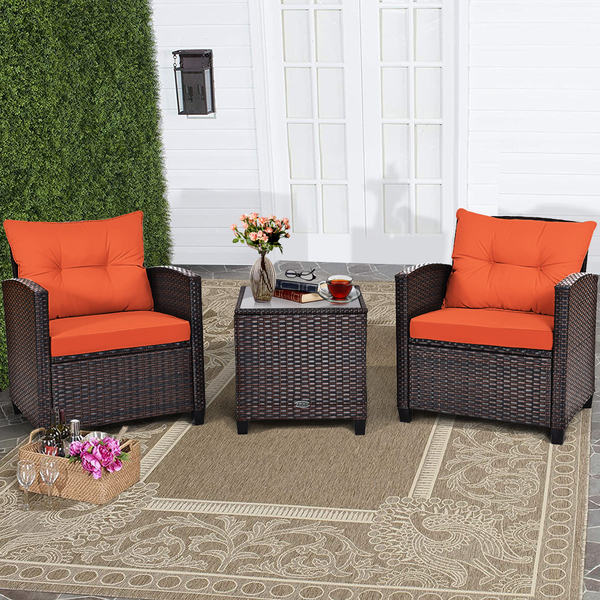 Patiojoy 3PCS Wicker Cushioned Conversation Set Outdoor Rattan Furniture w/Beige/Red/Black/Navy/Off White/Turquoise Cushions