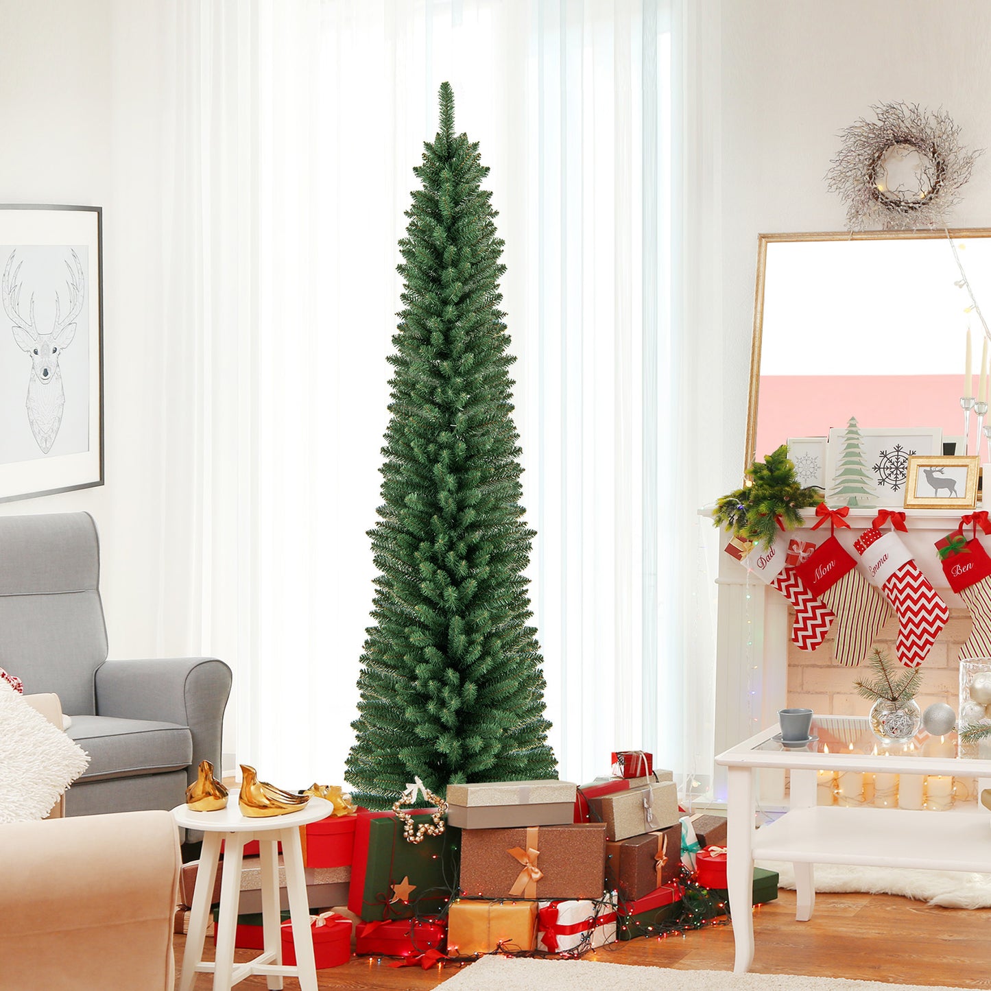 Topbuy 5/6/7/8 FT Artificial Christmas Tree Pencil Xmas Tree with Memory Wire Branch Tips & Upgraded Metal Stand