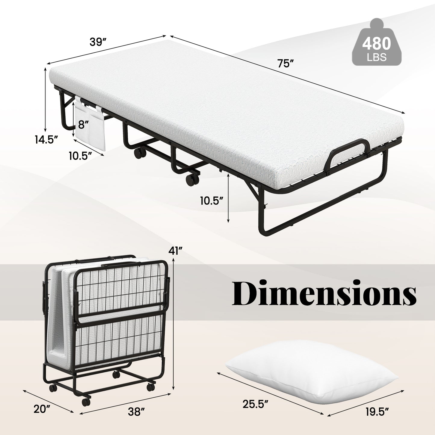 Topbuy Folding Bed with Mattress 75" x 39" Twin Size Rollaway Adult Bed with Memory Foam Mattress &Pillow
