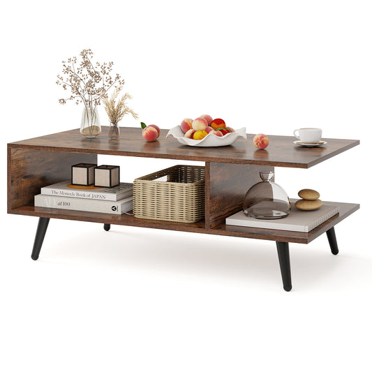 Topbuy 2-tier Coffee Table w/ Storage Home Mid Century Modern Center Table Heavy-duty Metal Frame Tea Table