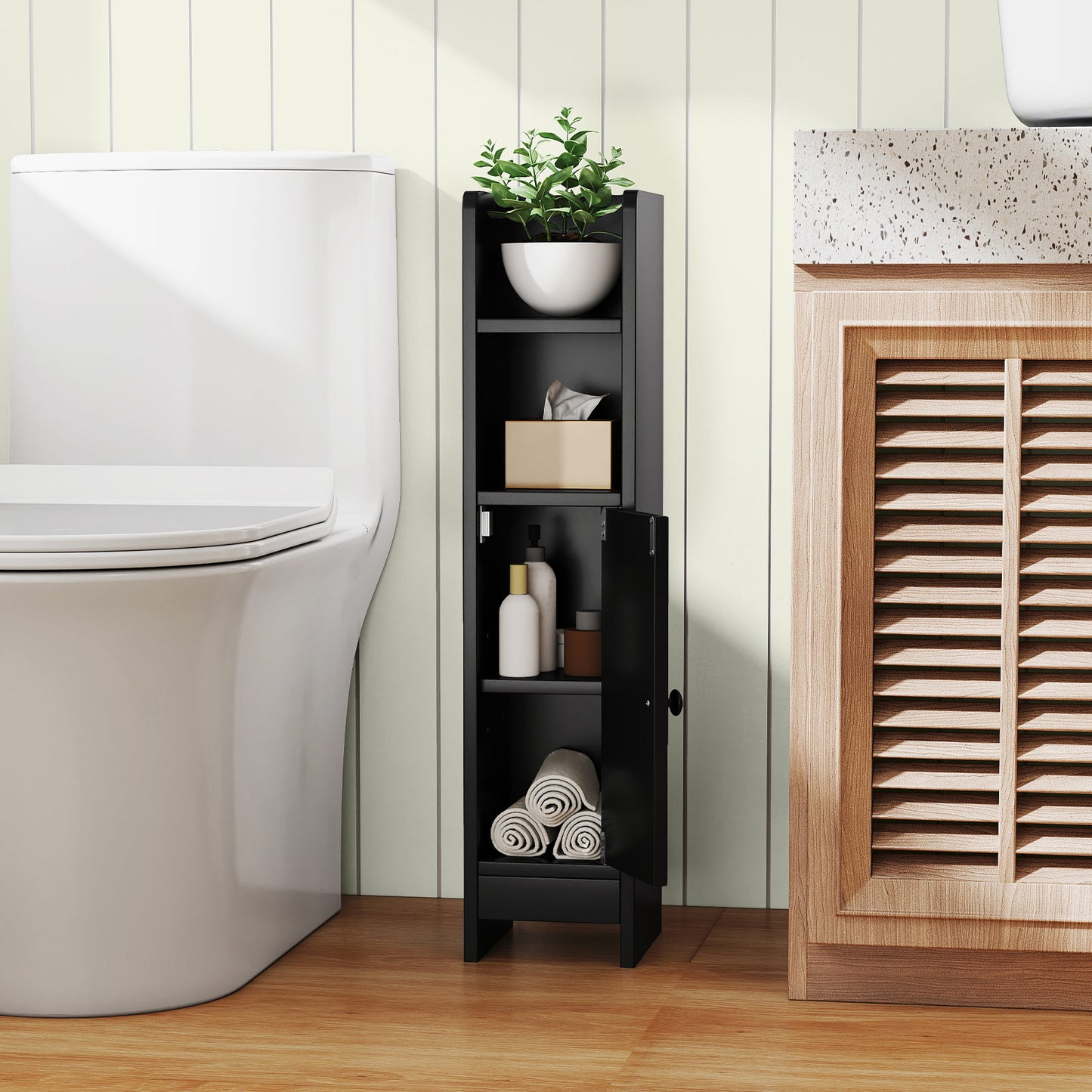 Topbuy Bathroom Storage Cabinet Small Corner Floor Cabinet with Door and Adjustable Shelves Toilet Paper Holder Stand