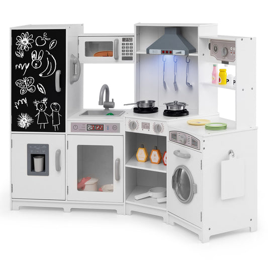 Topbuy Corner Wooden Play Kitchen with Lights & Sounds Large Pretend Play Kitchen Set